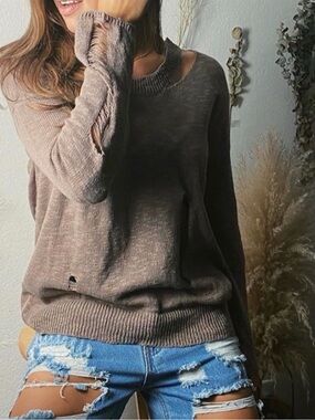 Relaxed Distressed Crewneck Sweater — Brown